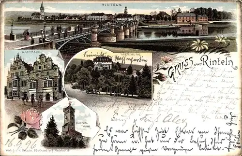 Litho Rinteln an der Weser, Gesamtansicht, Rathaus, Arensburg, Klippenturm