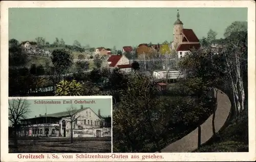 Ak Groitzsch in Sachsen, Schützenhaus, Ortsansicht vom Schützenhaus-Garten