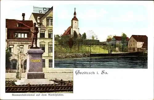 Ak Groitzsch in Sachsen, Marktplatz, Bismarck-Denkmal, Teilansicht, Kirche