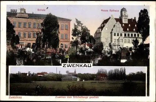 Ak Zwenkau in Sachsen, Schule, Neues Rathaus, Blick vom Stöckelberg