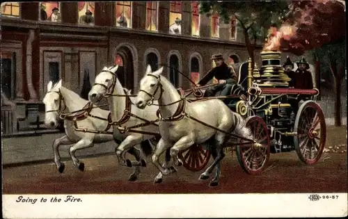 Ak Feuerwehr, von drei Pferden gezogener Löschwagen