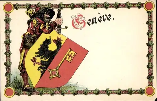 Passepartout Wappen Litho Kanton Genf, Wache, Schwert, Adler