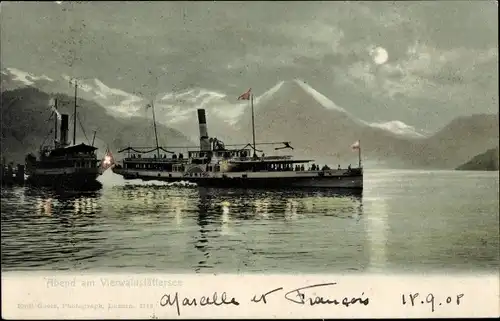 Mondschein Ak Abend am Vierwaldstättersee, Salondampfer Uri