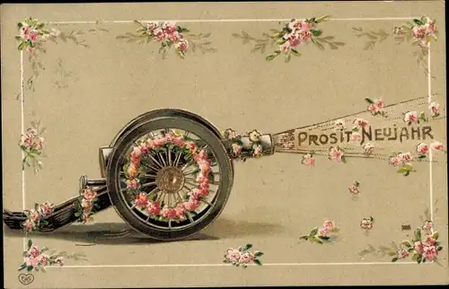 Ak Glückwunsch Neujahr, Kanone schießt Blumen