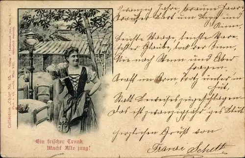Ak Ein frischer Trank macht Alte jung, Kellnerin mit Bierkrügen