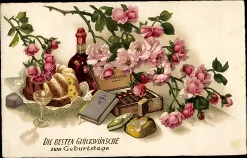 Ak Glückwunsch Geburtstag, Rote Rosen, Kuchen, Zigarren