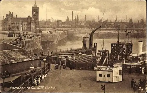 Ak Cardiff Wales, Eingang zu Cardiff Docks, Schild White Funnel Fleet, Tuck 1915