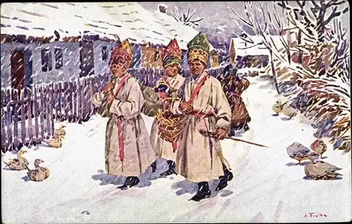 Künstler Ak Tschechoslowakei, Dorfszene, Trachten, Winter