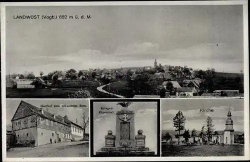 Ak Landwüst Markneukirchen im Vogtland. Gasthof zum schwarzen Ross, Kriegerdenkmal, Kirche