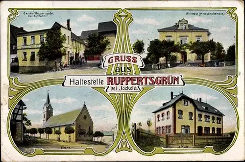 Passepartout Ak  Ruppertsgrün Kreis Werdau, Gasthof, Rittergut, Kirche, Schule