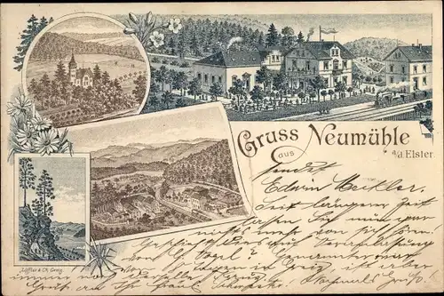 Litho Neumühle an der Elster, Bahnhof, Gasthof, Kirche