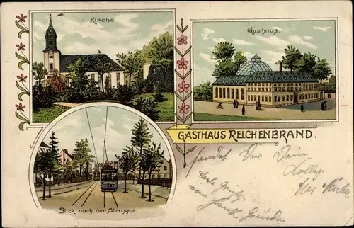 Litho Reichenbrand Chemnitz in Sachsen, Gasthaus, Kirche, Straßenbahn