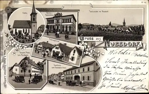 Litho Nußdorf Landau in der Pfalz, Brauerei Hess, Gasthaus zum Deutschen Haus, Schule, Gemeindehaus