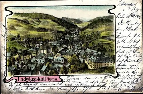 Litho Ludwigsstadt in Oberfranken, Panorama mit Eisenbahnviadukt