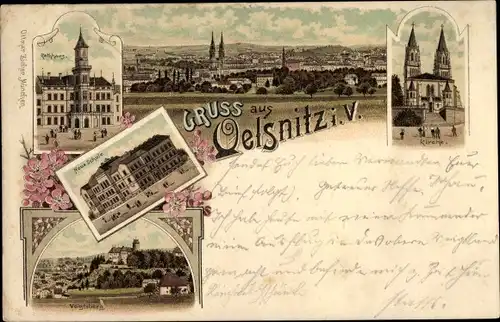 Vorläufer Litho Oelsnitz im Vogtland, Panorama vom Ort, Rathaus, Kirche, Neue Schule, Voigtsberg