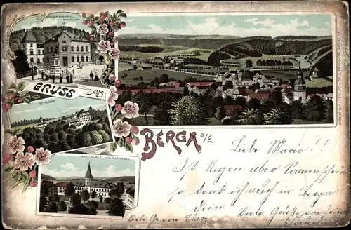 Litho Berga an der Elster Thüringen, Kriegerdenkmal, Postamt, Schloss, Marktplatz, Rathaus, Panorama