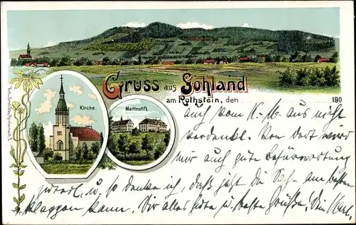 Litho Sohland am Rotstein Reichenbach in der Oberlausitz, Kirche, Martinsstift, Panorama vom Ort