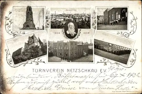 Ak Netzschkau im Vogtland, Bismarckturm auf dem Kuhberg, Turnvater Jahn, Turnverein, Viadukt