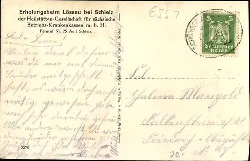 Ak Lössau Schleiz im Vogtland Thüringen, Erholungsheim der Heilstättengesellschaft f. sächs, BKK mbH