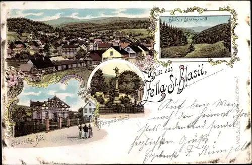 Litho Zella Sankt Blasii Zella Mehlis im Thüringer Wald, Städt Bad, Kriegerdenkmal, Sterngrund