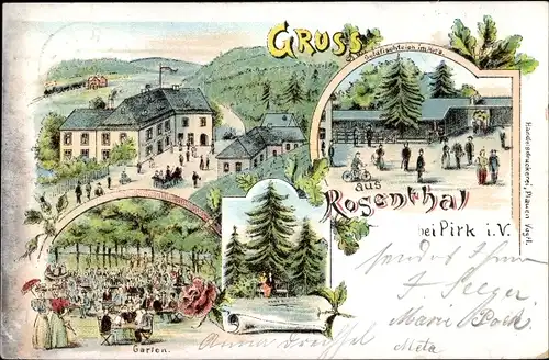 Litho Pirk Burgstein Weischlitz im Vogtland, Gasthof Rosenthal, Garten, Goldfischteich