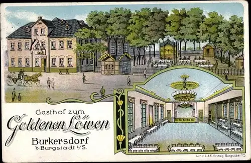 Litho Burkersdorf Burgstädt in Sachsen, Gasthof zum Goldenen Löwen