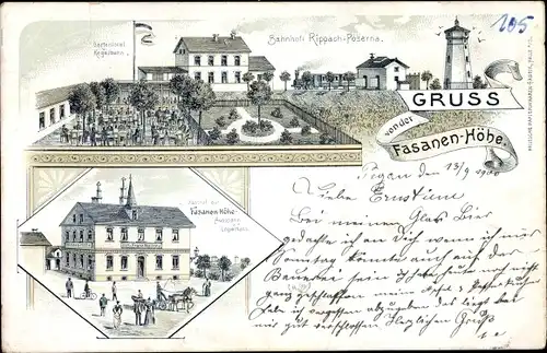 Litho Poserna Lützen im Burgenlandkreis, Gasthof zur Fasanenhöhe, Gartenlokal, Bahnhof