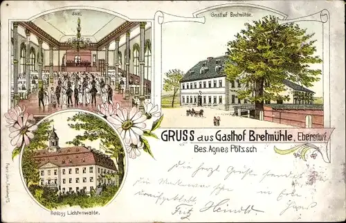 Litho Chemnitz Ebersdorf Sachsen, Gasthof Bretmühle, Saal, Schloss Lichtenwalde