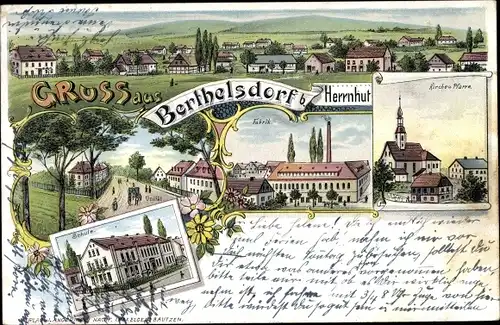 Litho Berthelsdorf Herrnhut in Sachsen, Schule, Fabrik, Unität, Kirche, Pfarre