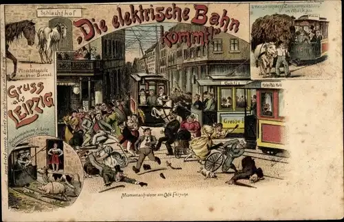 Litho Leipzig in Sachsen, Die elektrische Bahn kommt, Cafe Felsche, Pferdebahngäule, Zusammenstoß