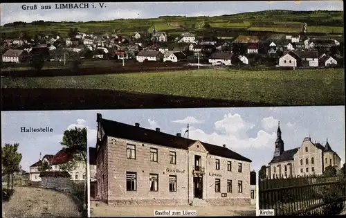 Ak Limbach im Vogtland, Gasthof zum Löwen, Kirche, Haltestelle