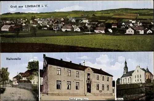 Ak Limbach im Vogtland, Gasthof zum Löwen, Kirche, Haltestelle