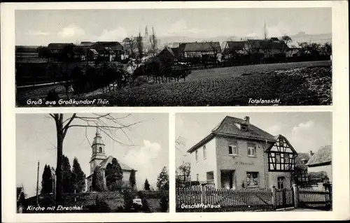 Ak Großkundorf Mohlsdorf Teichwolframsdorf Thüringen, Kirche, Ehrenmal, Geschäftshaus