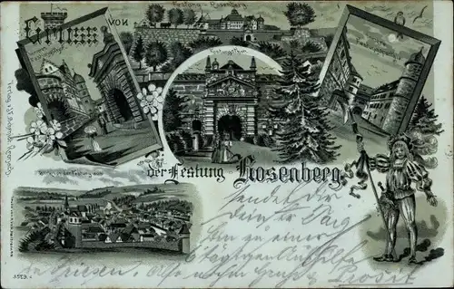 Mondschein Litho Kronach im Frankenwald Bayern, Festung Rosenberg, Tor, Innenhof