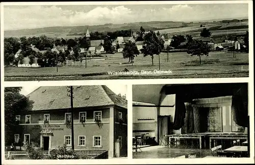 Ak Wüstenselbitz Helmbrechts in Oberfranken, Gesamtansicht, Saal, Gasthof zum grünen Baum