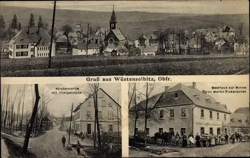Ak Wüstenselbitz Helmbrechts in Oberfranken, Gesamtansicht, Straßenpartie, Post, Gasthaus zur Sonne