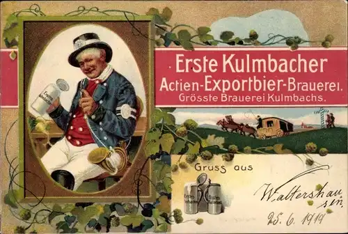 Ak Kulmbach in Oberfranken, Erste Kulmbacher Actien Exportbier Brauerei, Biertrinker mit Posthorn