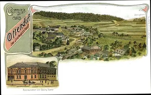 Litho Ottendorf Ludwigsstadt in Oberfranken, Gesamtansicht, Restauration