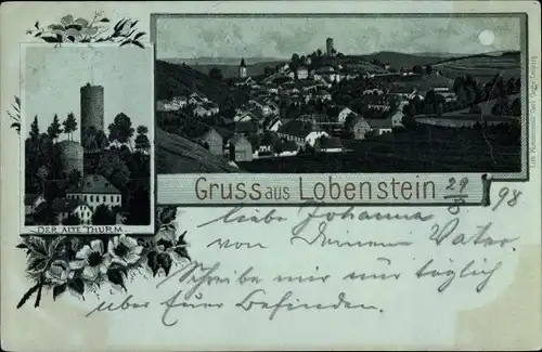 Mondschein Litho Bad Lobenstein in Thüringen, Turm, Blick auf den Ort