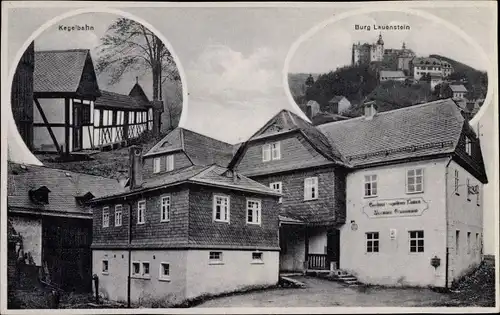 Ak Lauenstein Ludwigsstadt in Oberfranken, Gasthaus zum goldenen Löwen, Kegelbahn, Burg