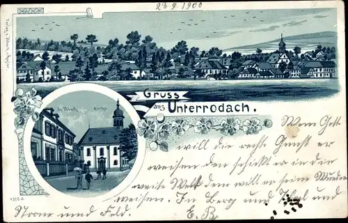 Litho Unterrodach Marktrodach, Gesamtansicht, Kirche, Geschäftshaus