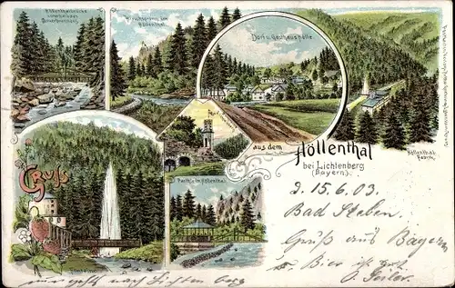 Litho Lichtenberg in Oberfranken, Höllental, Gasthaus Hölle, Fabrik, Fontaine, Hirschsprung, Turm