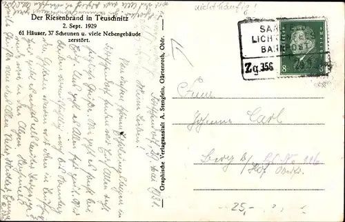 Gedicht Ak Teuschnitz im Frankenwald, Brandkatastrophe, 02.09.1929