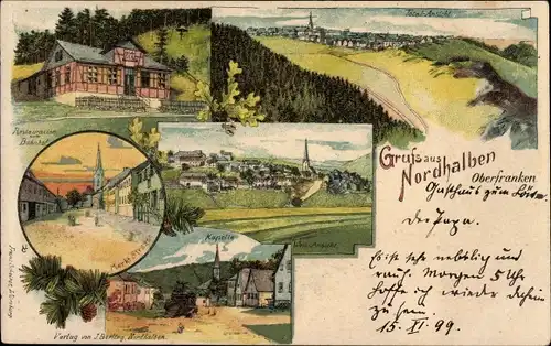 Litho Nordhalben in Oberfranken, Restauration, Marktstraße, Kapelle, Bahnhof, Totalansicht