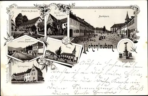 Litho Hohenleuben in Thüringen, Kriegerdenkmal, Marktplatz, Ruine Reichenfels, Museum, Kirche