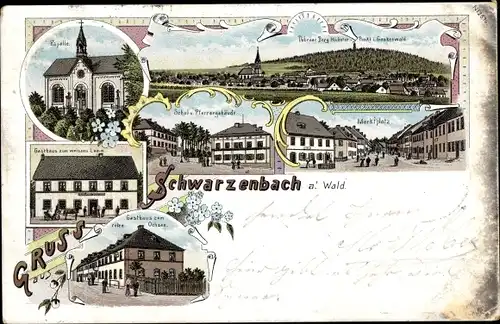 Litho Schwarzenbach am Wald Oberfranken, Gasthaus z. weißen Lamm, Zum roten Ochsen, Kapelle, Markt