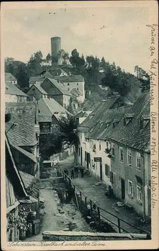 Ak Bad Lobenstein in Thüringen, Koselbach und alter Turm, Wohnhäuser