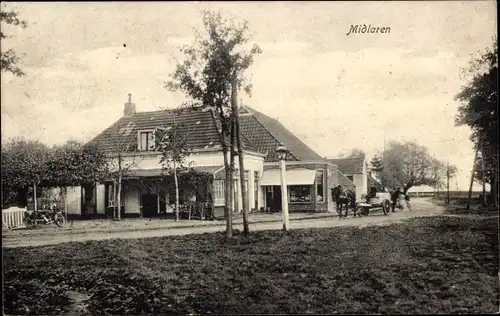 Ak Midlaren Tynaarlo Drenthe Niederlande, Straßenpartie, Fuhrwerk, Gebäude