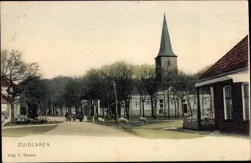 Ak Zuidlaren Drenthe Niederlande, Straßenpartie, Kirche