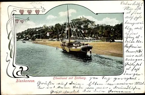 Passepartout Ak Hamburg Blankenese, Elbestrand mit Süllberg